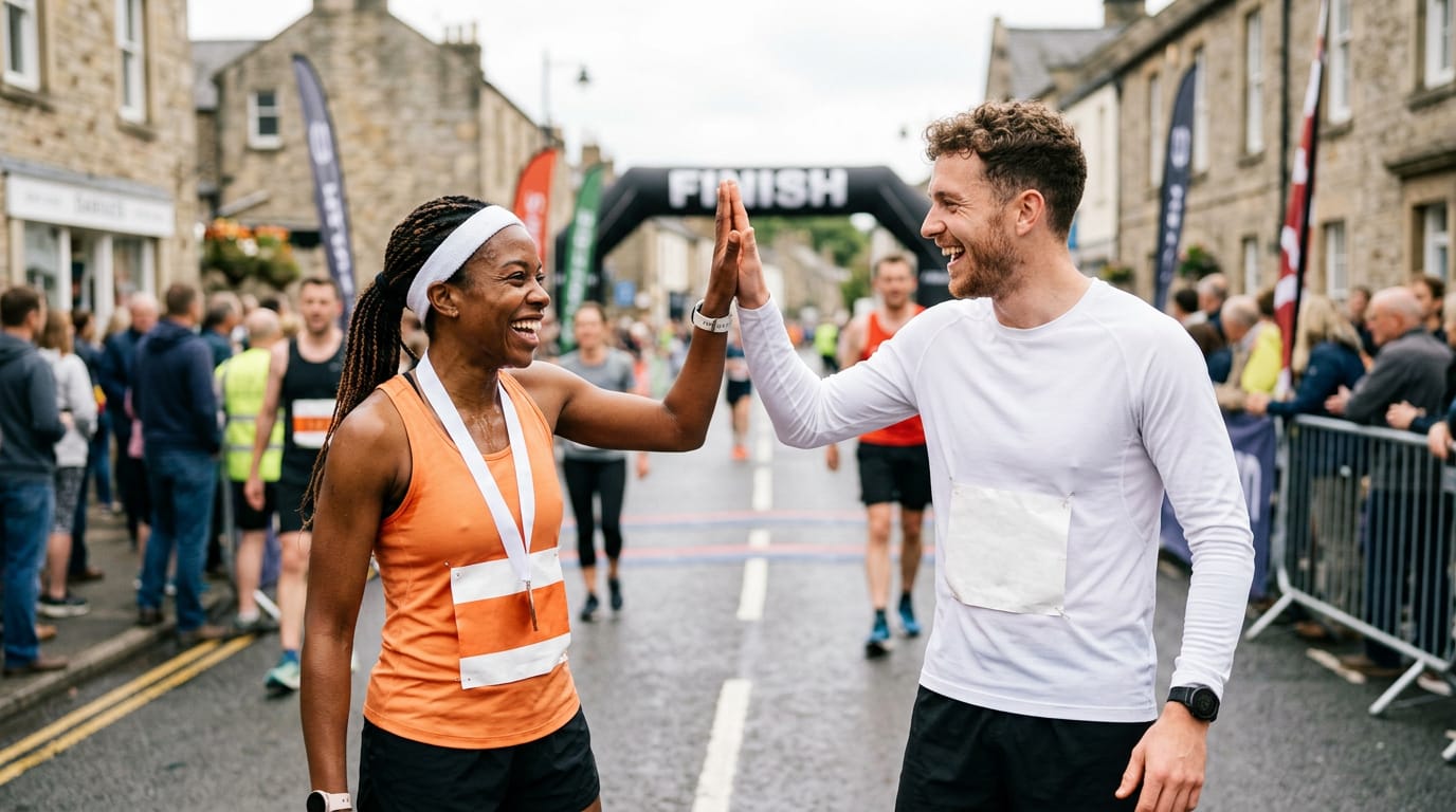 A woman in an orange vest and a man in a white shirt share a high-five on a village street after a race