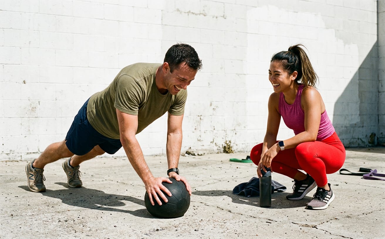 A man holds a plank on a medicine ball while a woman crouches beside him, laughing, on a sunlit concrete yard