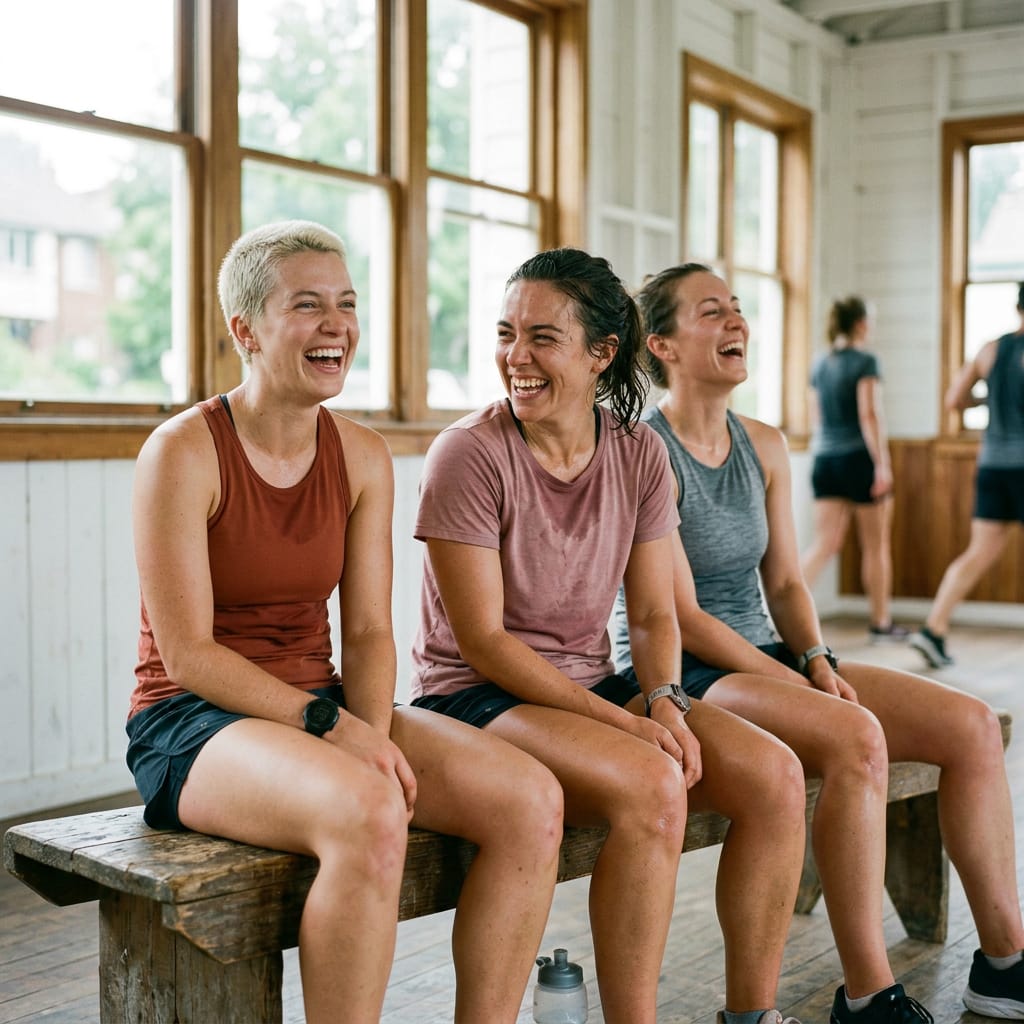 Three athletes laughing together on a wooden bench after a morning session