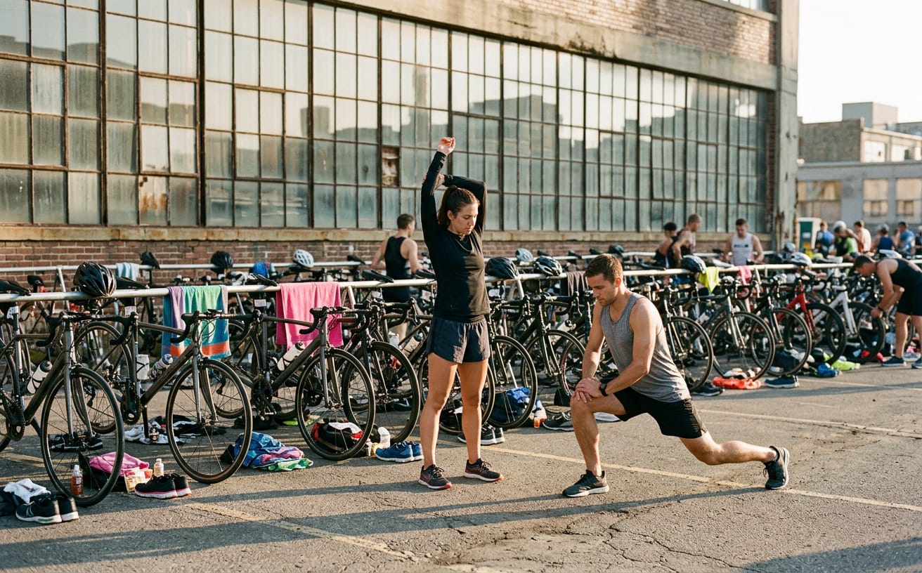 Two athletes stretching beside racked bikes in a triathlon transition area at sunrise